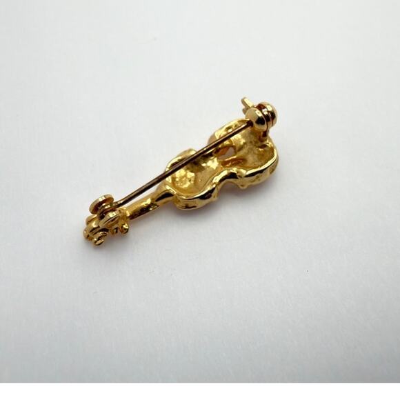 Vintage 80s Gold Tone Rhinestone Violin Cello Brooch Pin Musical Instrument - Picture 4 of 8